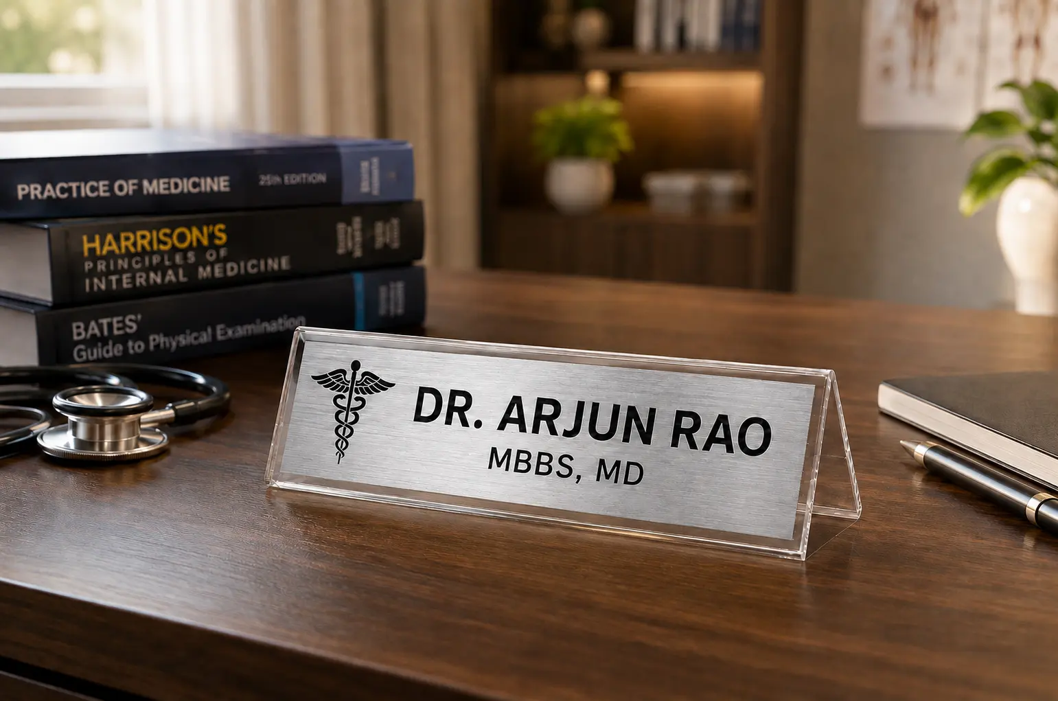 Custom brushed silver doctor desk name plate displayed on a professional office desk