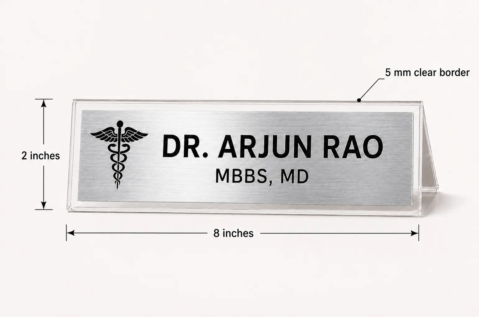 Brushed silver desk name plate size guide showing 8 × 2 inches and 5 mm clear acrylic border