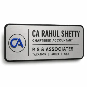 Chartered accountant brushed silver engraved name plate – front hero view