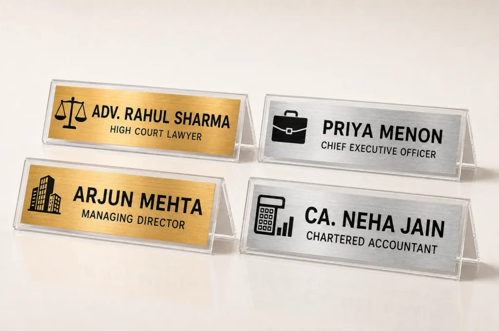 Custom professional desk name plates for lawyer, CEO, managing director and chartered accountant in brushed gold and silver