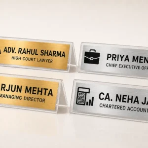 Custom professional desk name plates for lawyer, CEO, managing director and chartered accountant in brushed gold and silver
