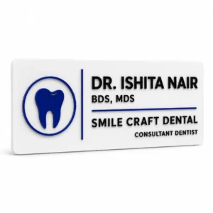 Dental clinic doctor blue and white acrylic name plate – front hero view