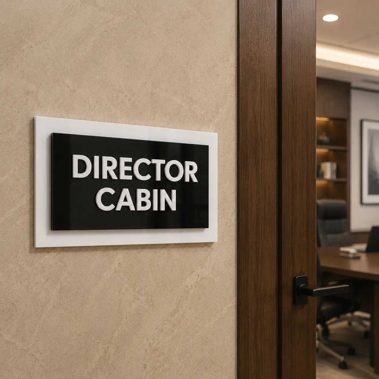 3-layer acrylic Director Cabin sign board, installed in a modern office interior, without Braille dots