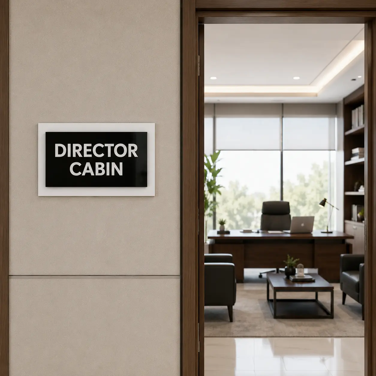 3-layer acrylic Director Cabin sign board, front-facing lifestyle view, without Braille dots