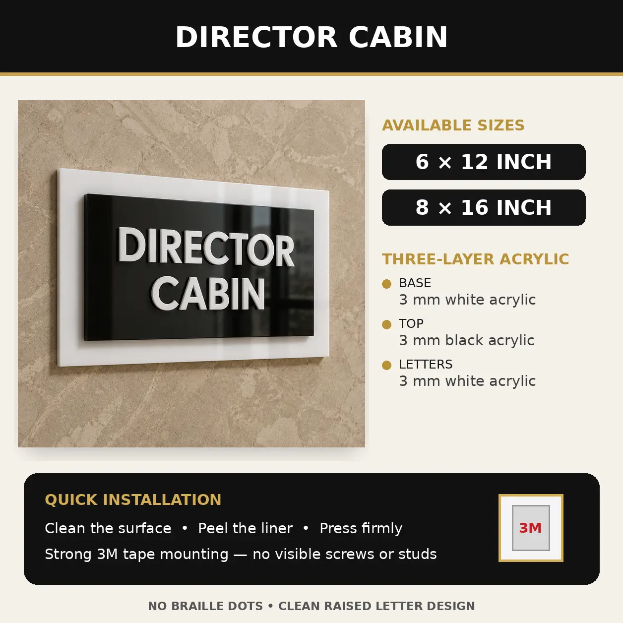 3-layer acrylic Director Cabin sign board, size and 3M tape installation details, without Braille dots