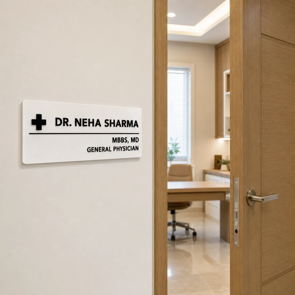 Custom white and black acrylic doctor name plate installed outside a clinic consultation room