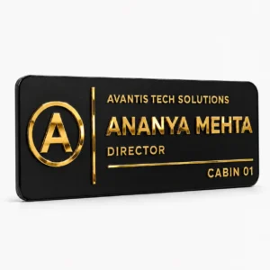Executive director black acrylic name plate with gold mirror lettering – front hero view