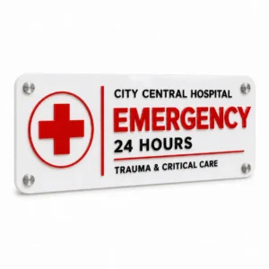Hospital emergency red and white acrylic sign board – front hero view
