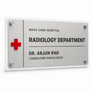 Hospital radiology department brushed silver engraved name plate – front hero view