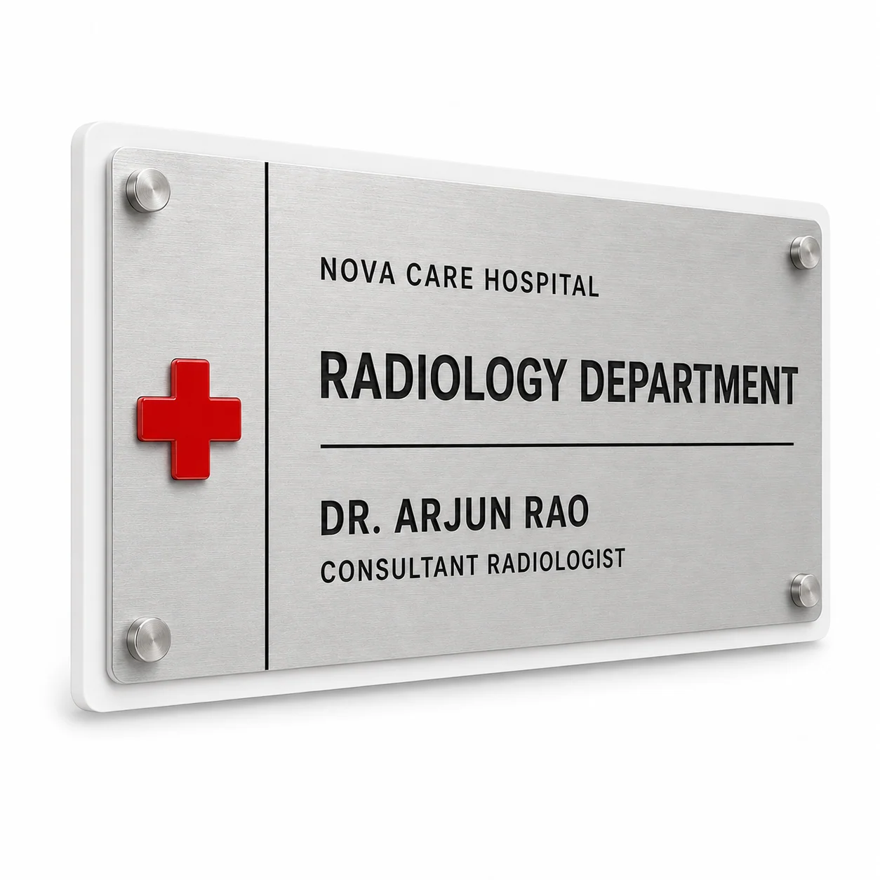 Hospital radiology department brushed silver engraved name plate – 45-degree angle view