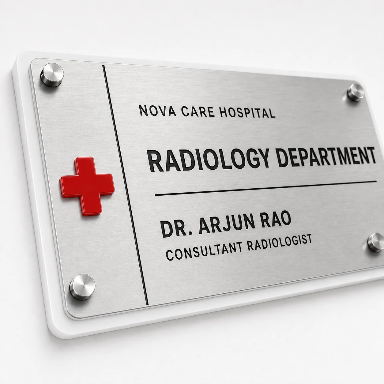 Hospital radiology department brushed silver engraved name plate – material and engraving close-up