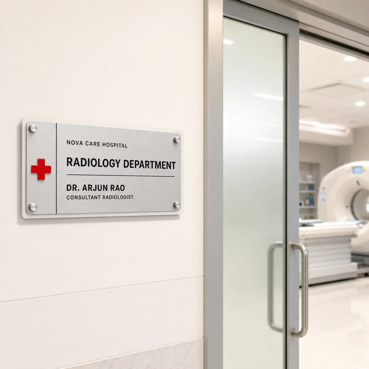 Hospital radiology department brushed silver engraved name plate – installed lifestyle view