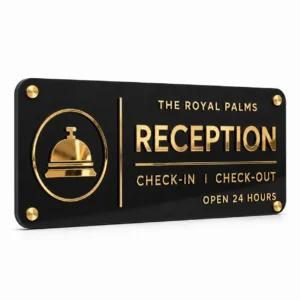 Hotel reception black acrylic sign board with gold mirror lettering – front hero view
