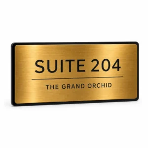 Hotel Suite 204 brushed gold engraved room number name plate – front hero view