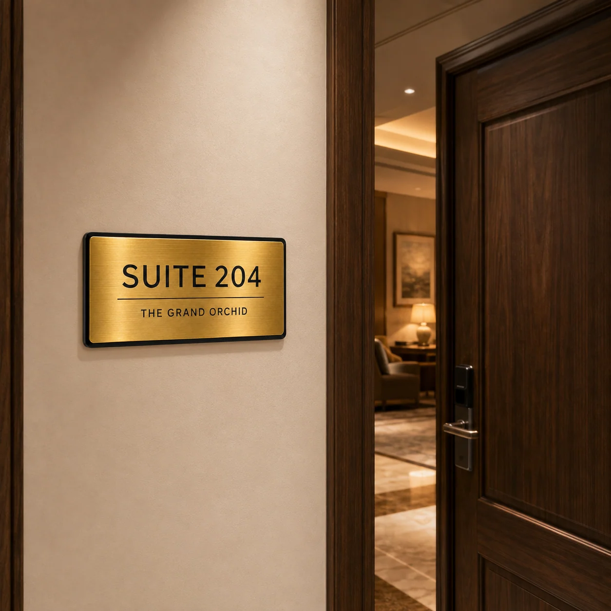 Brushed gold engraved hotel suite room number plate installed on a guest room door