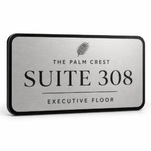 Hotel Suite 308 brushed silver engraved room number name plate – front hero view