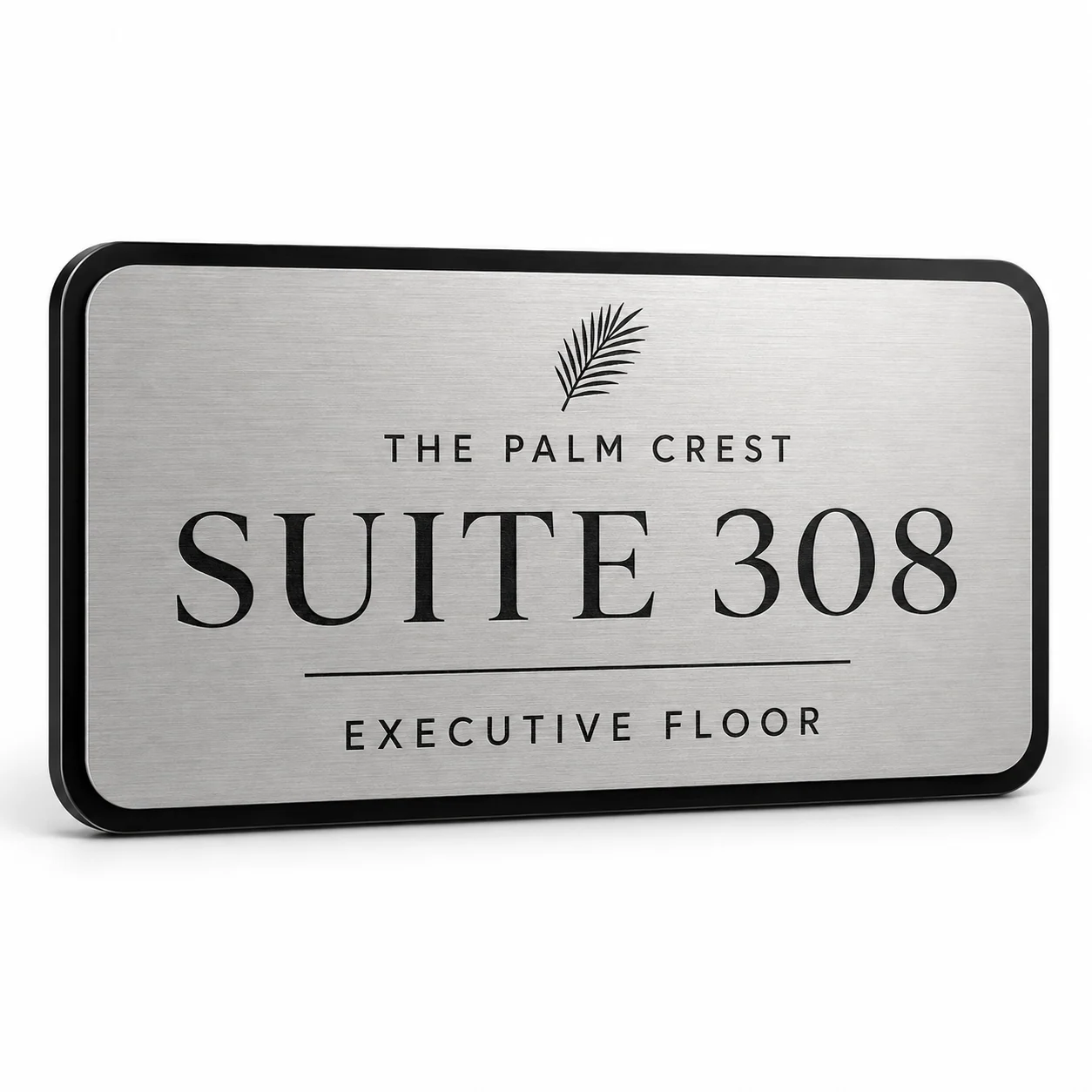 Brushed silver engraved room number plate for a hotel suite door