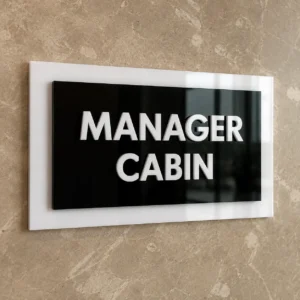3-layer acrylic Manager Cabin sign board, front product view, without Braille dots