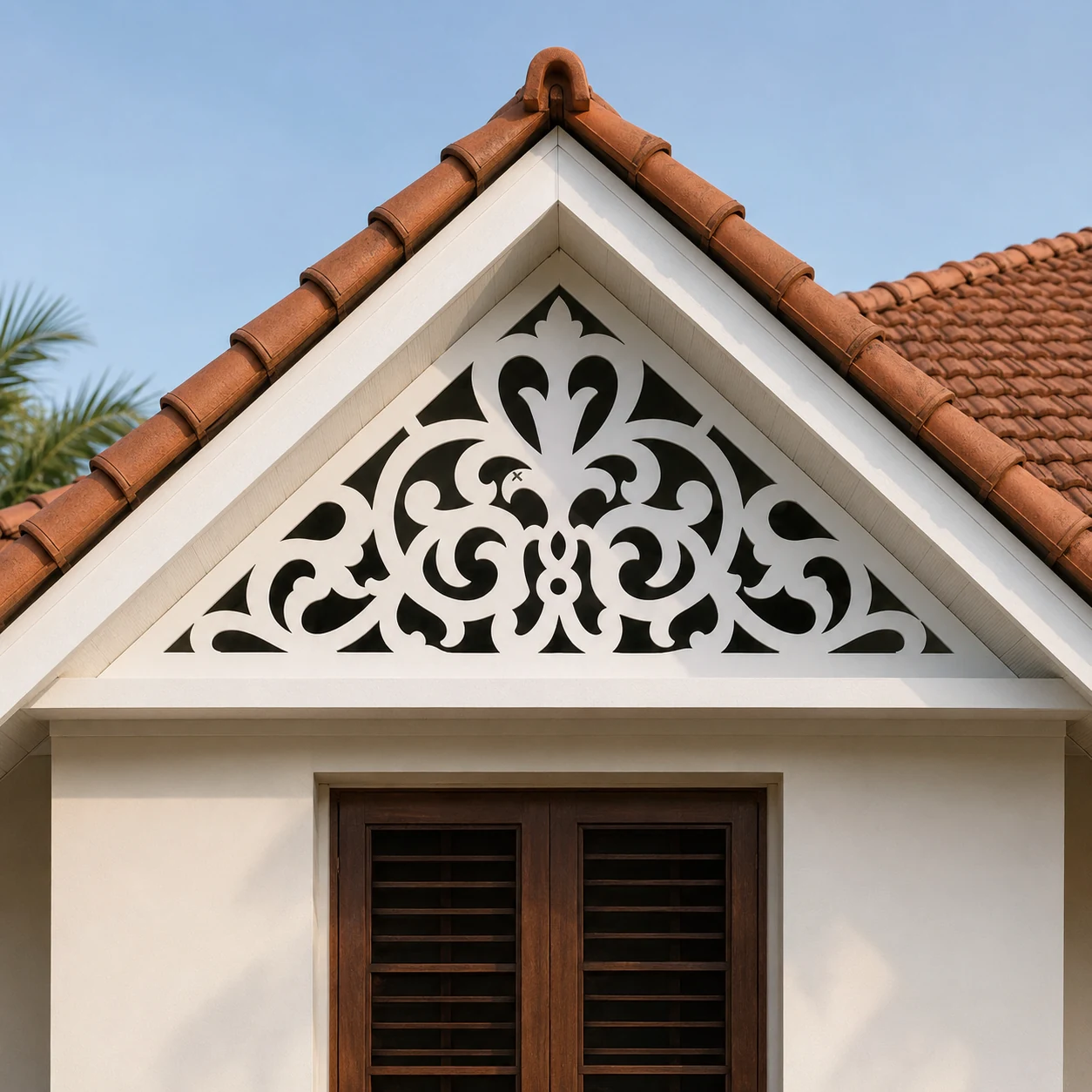 Fleur Scroll PVC Gable Jaali exterior installation view 1 by SS ARTS