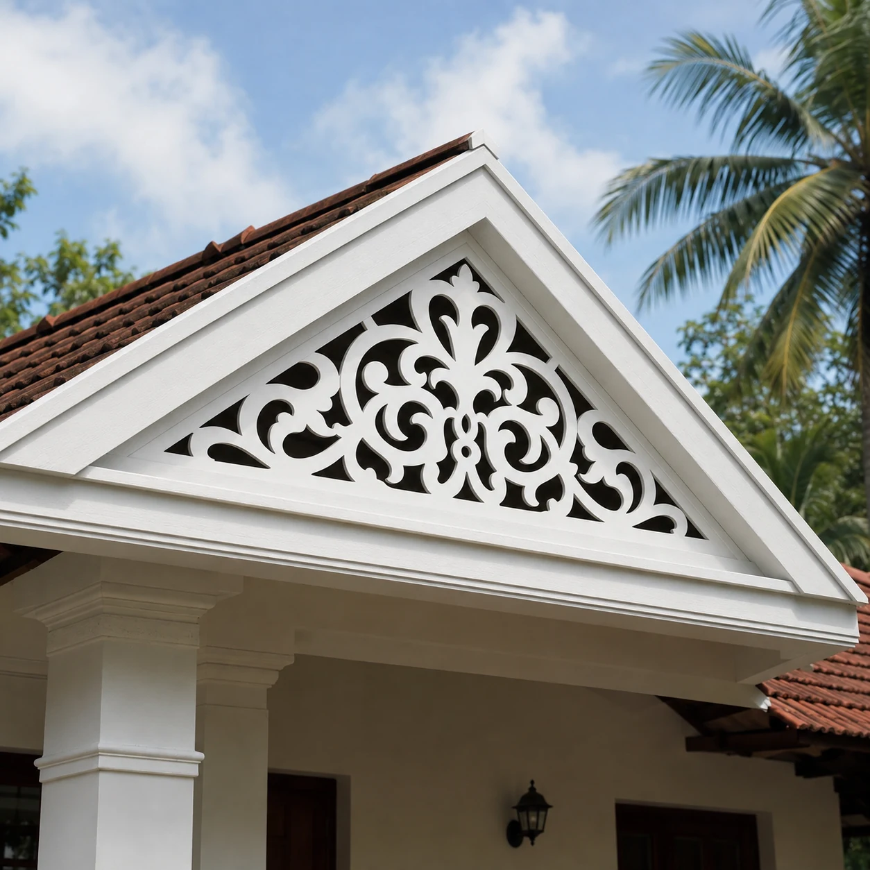 Fleur Scroll PVC Gable Jaali exterior installation view 2 by SS ARTS