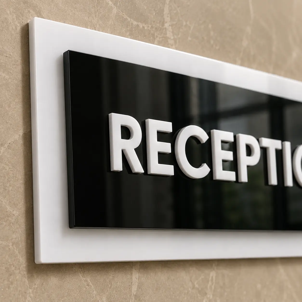3-layer acrylic Reception sign board, close-up of layered acrylic letters, without Braille dots