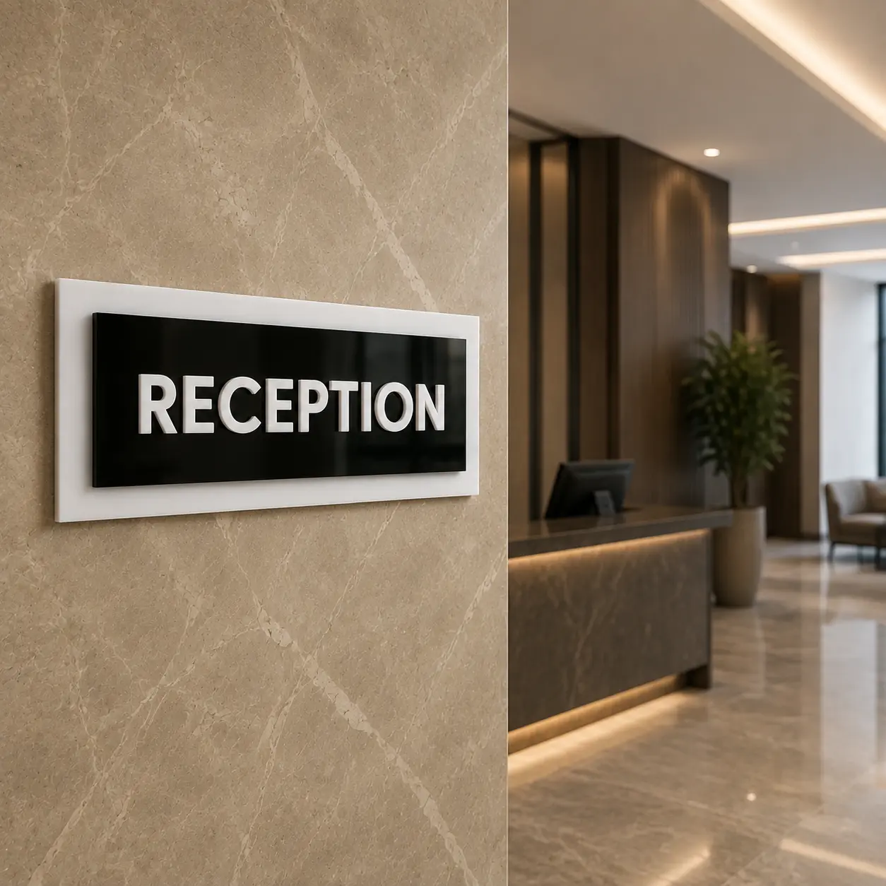 3-layer acrylic Reception sign board, installed in a modern office interior, without Braille dots