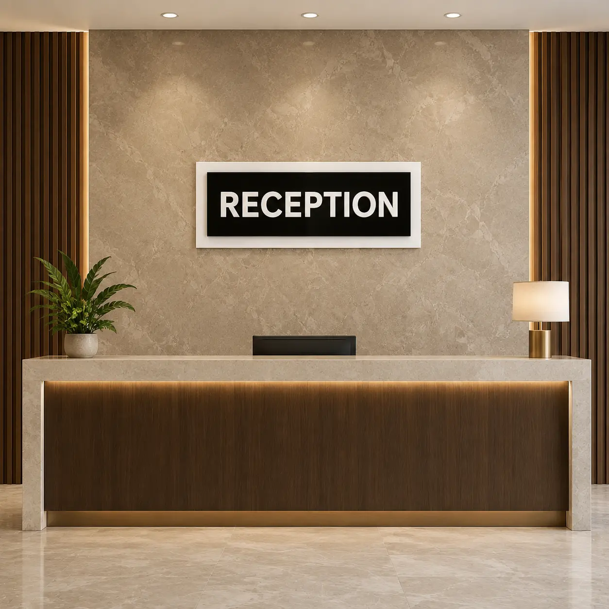 3-layer acrylic Reception sign board, front-facing lifestyle view, without Braille dots