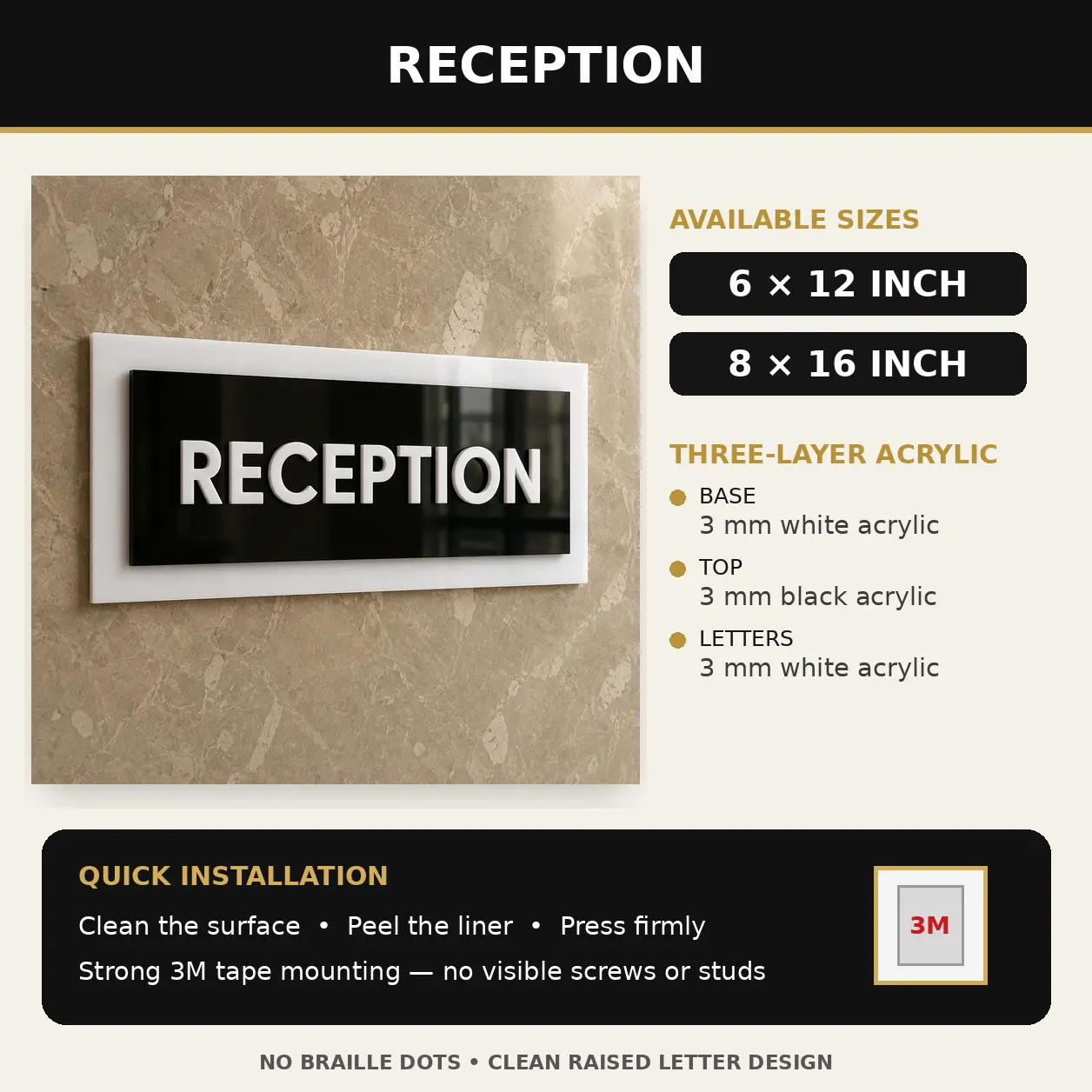 3-layer acrylic Reception sign board, size and 3M tape installation details, without Braille dots
