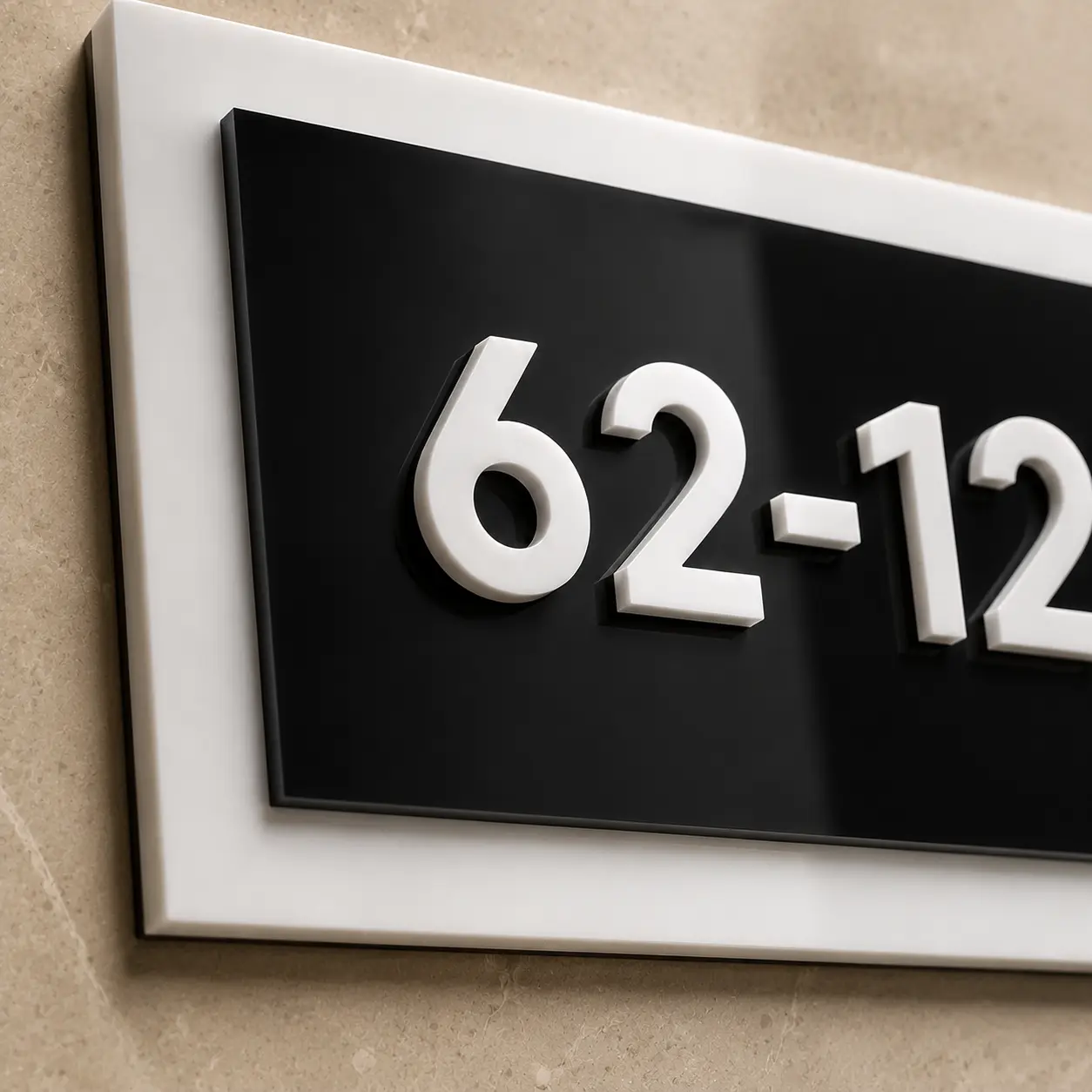 3-layer acrylic Room Number sign board, close-up of layered acrylic letters, without Braille dots