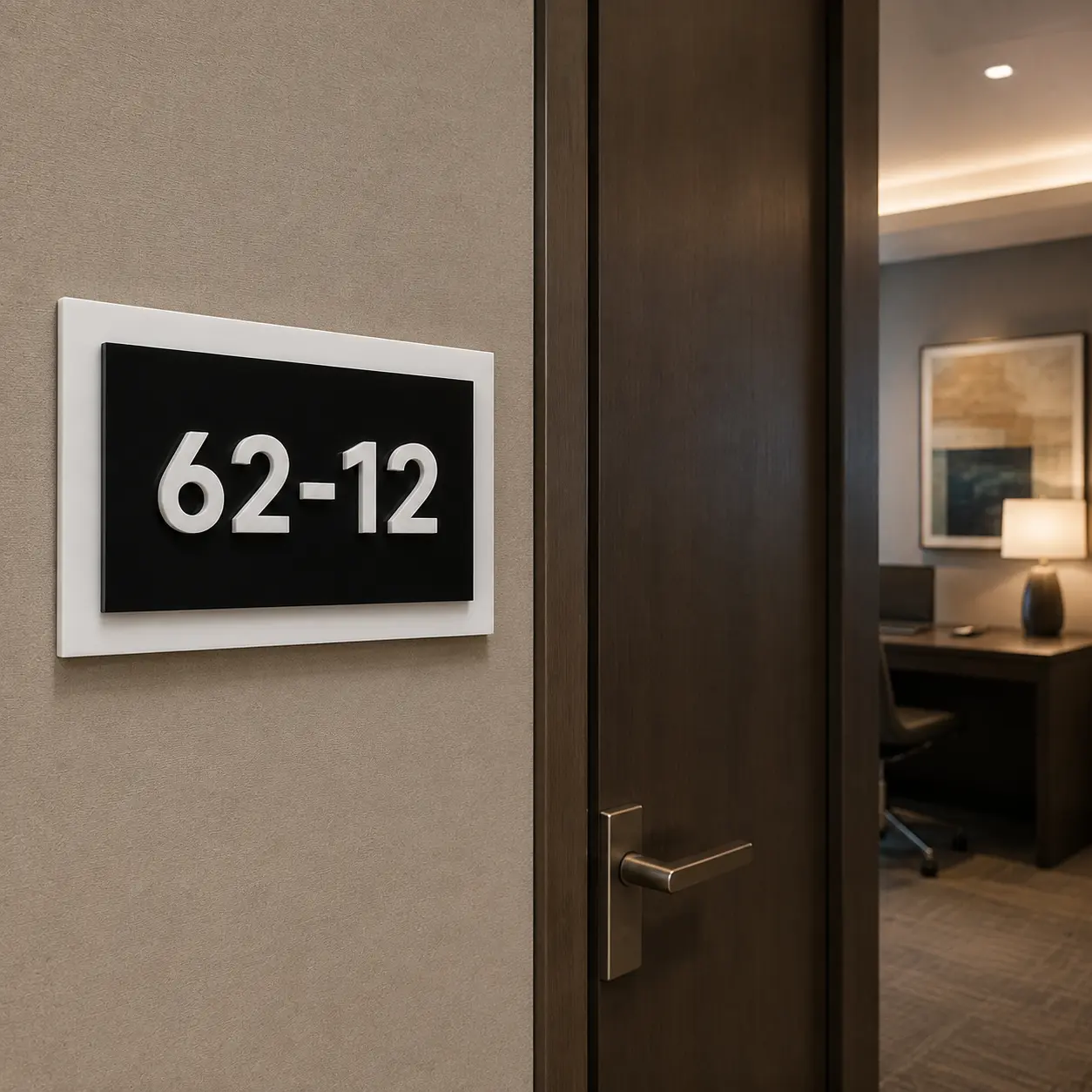 3-layer acrylic Room Number sign board, installed in a modern office interior, without Braille dots