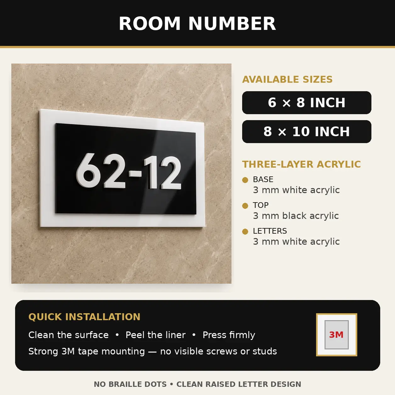 3-layer acrylic Room Number sign board, size and 3M tape installation details, without Braille dots