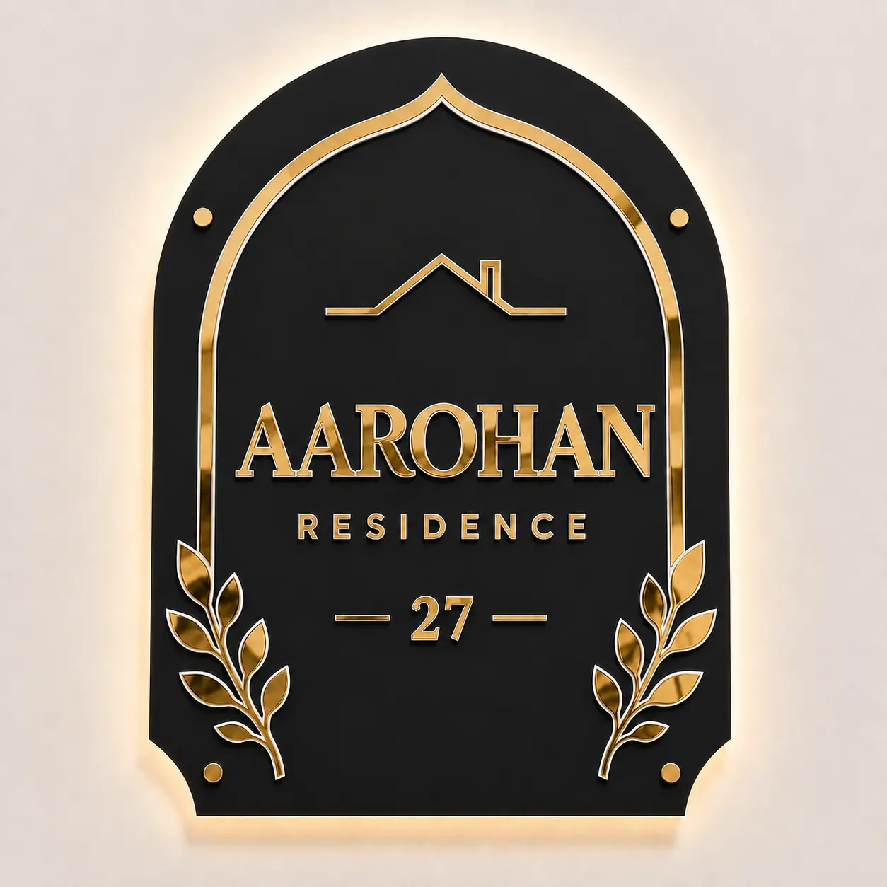 Custom acrylic house name plate with mirror gold lettering and warm backlight