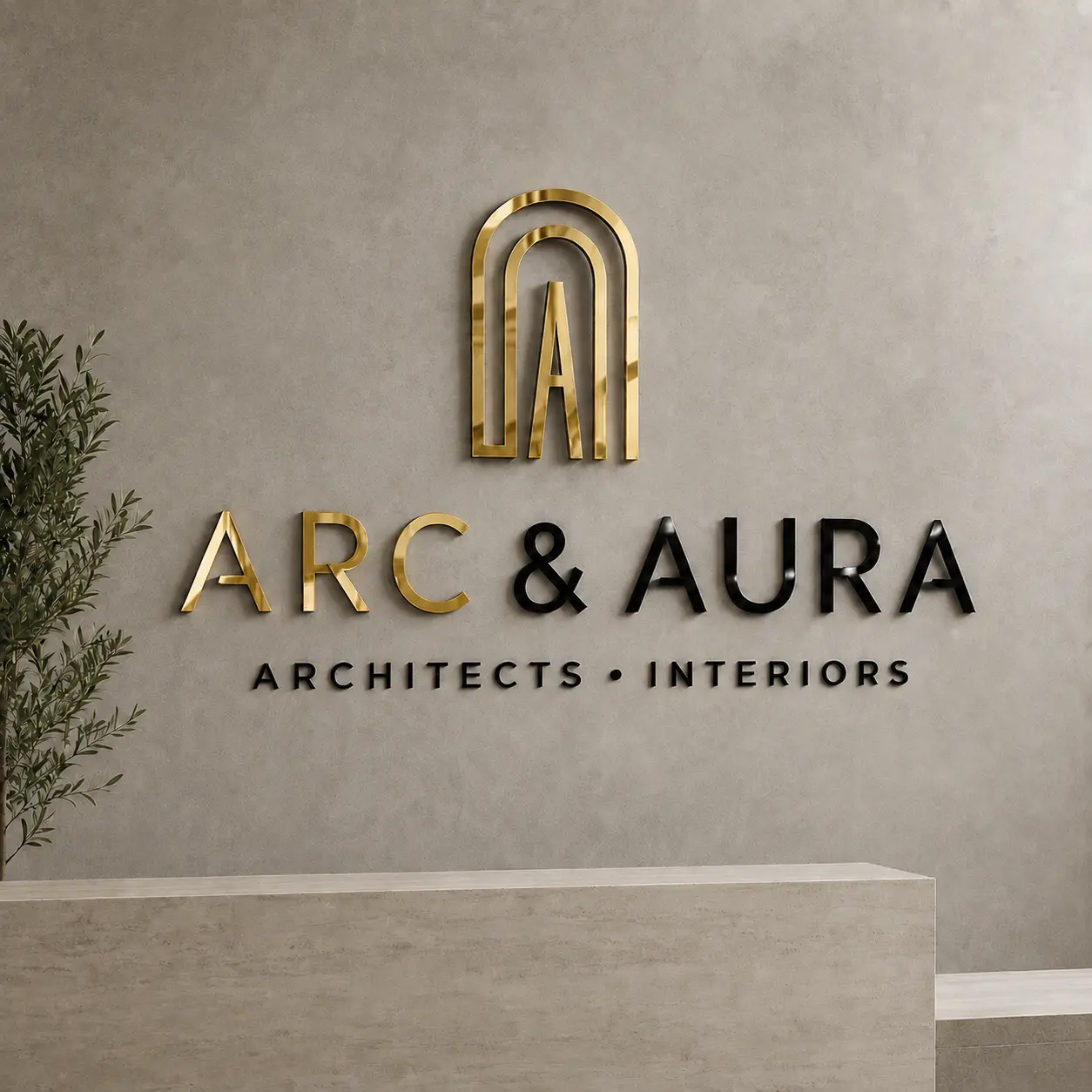 ARC & AURA gold and black acrylic wall logo installed in an architect office