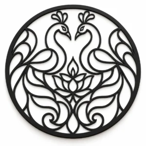 Single-piece black MDF twin peacock rangoli powder stencil with central lotus