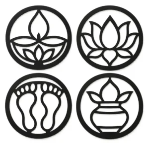 Four reusable rangoli stencils featuring diya, lotus, Lakshmi feet and kalash designs