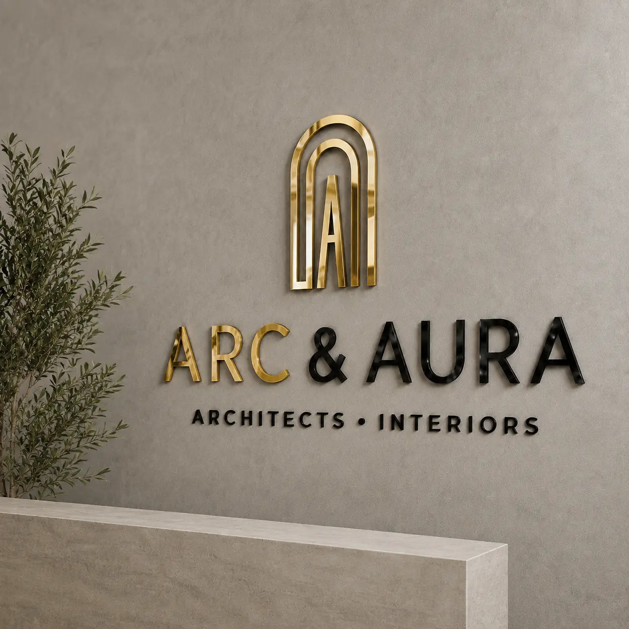 Angled view of gold mirror and glossy black profile-cut ARC & AURA wall logo