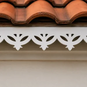 Close-up of T-3 Lotus Leaf Fan CNC PVC Roof Border showing white PVC foam board and sharp CNC-cut edges