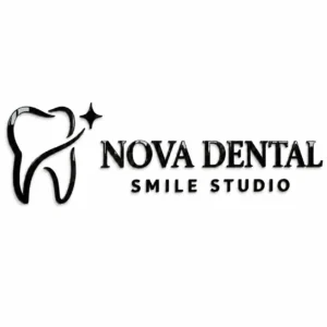 NOVA DENTAL glossy black acrylic clinic wall sign on a clean white background