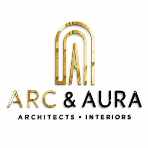 ARC & AURA gold mirror and glossy black acrylic office wall logo on white background