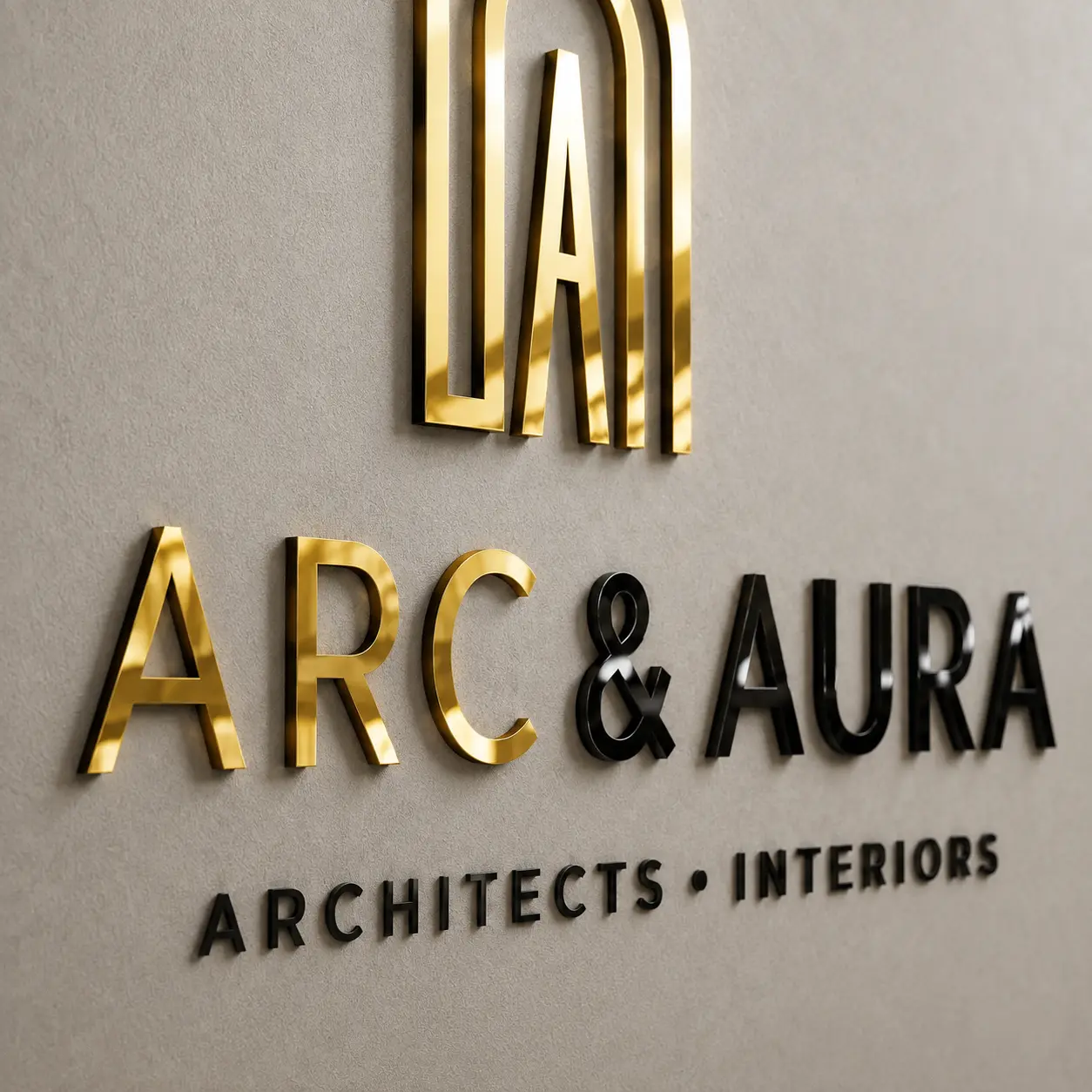 Close-up showing gold mirror and glossy black acrylic finishes on ARC & AURA logo