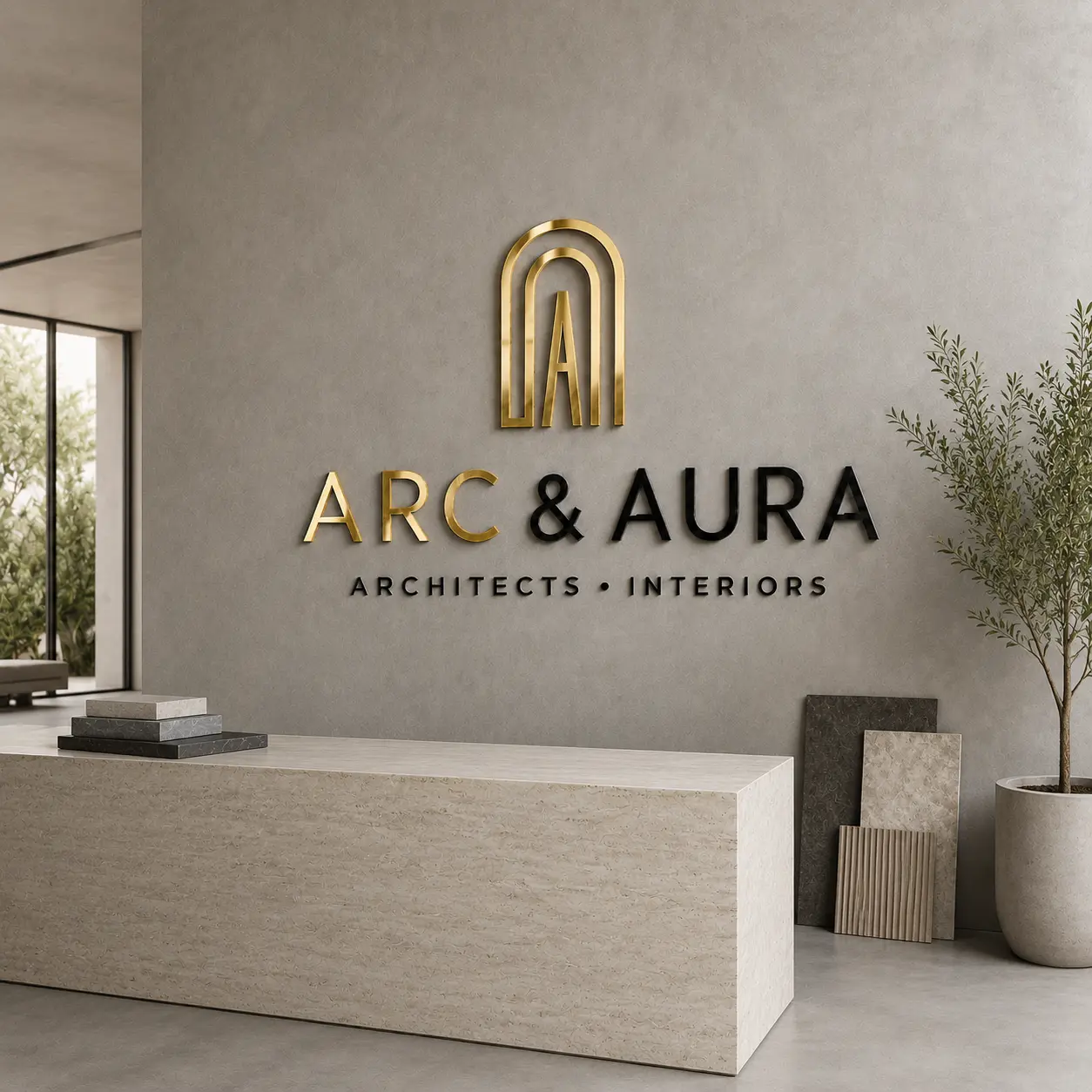 ARC & AURA custom acrylic logo displayed in a premium interior design studio