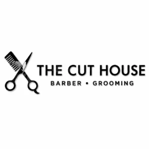 THE CUT HOUSE glossy black acrylic barber shop wall sign on white background