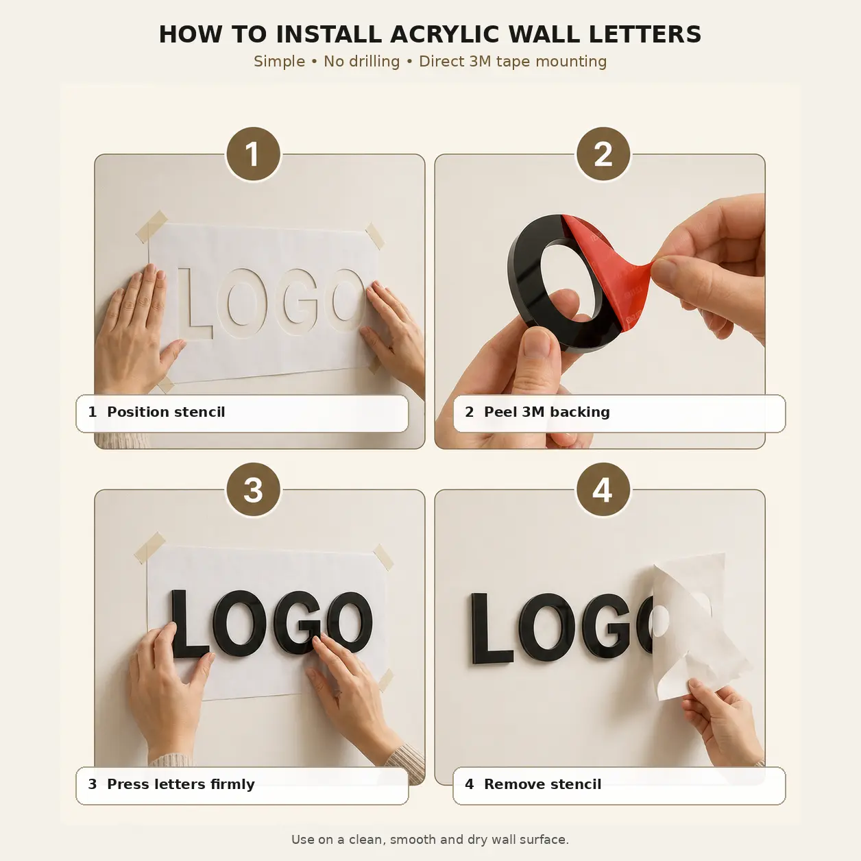 Four-step guide for direct 3M tape installation of ARC & AURA acrylic logo