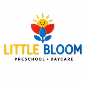 LITTLE BLOOM multicolour acrylic preschool wall logo on a clean white background