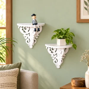 SS ARTS White Scroll-Bracket Wall Shelves – Set of 2 – styled lifestyle view