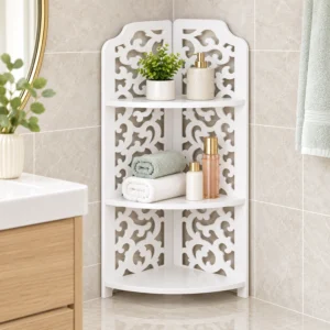 SS ARTS White Three-Tier Ornate Corner Storage Shelf – 45-degree lifestyle hero