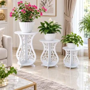 SS ARTS White Decorative Plant Stands – Set of 3 – 45-degree lifestyle hero