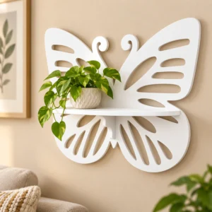 SS ARTS White Butterfly Decorative Wall Shelf – 45-degree lifestyle hero