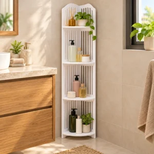 SS ARTS White Four-Tier Slatted Corner Stand – styled lifestyle view