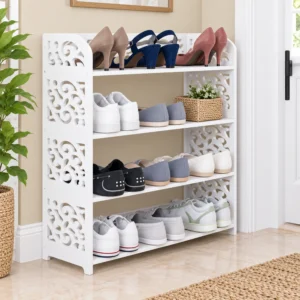 SS ARTS White Four-Tier Shoe Storage Rack – 45-degree lifestyle hero